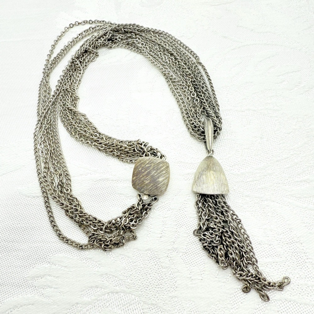 Vintage 20" Multi Chain Tassel Pendant Silver Tone Necklace